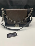 Chanel Boy Reverso Large Taupe Brown/Black Lambskin with Fabric Lining and Ruthenium Hardware Shoulder Bag - Dyva's Closet