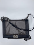 Chanel Boy Reverso Large Taupe Brown/Black Lambskin with Fabric Lining and Ruthenium Hardware Shoulder Bag - Dyva's Closet