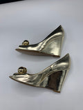 Moschino Cheap and Chic Metallic Gold Peep Toe Wedges - Dyva's Closet