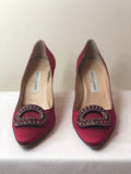 Manolo Blahnik Red Satin Pump with Red Crystals - Dyva's Closet