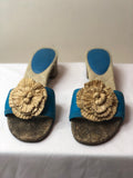 Chanel Cerulean Leather with Straw Camelia Flower Sandals - Dyva's Closet