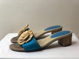 Chanel Cerulean Leather with Straw Camelia Flower Sandals - Dyva's Closet
