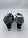 Chanel Lace Up Wedge Espadrille with faux pearl accents - Dyva's Closet