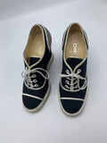 Chanel Lace Up Wedge Espadrille with faux pearl accents - Dyva's Closet