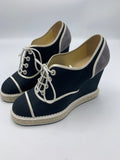 Chanel Lace Up Wedge Espadrille with faux pearl accents - Dyva's Closet