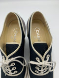 Chanel Lace Up Wedge Espadrille with faux pearl accents - Dyva's Closet