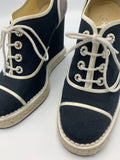 Chanel Lace Up Wedge Espadrille with faux pearl accents - Dyva's Closet