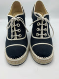 Chanel Lace Up Wedge Espadrille with faux pearl accents - Dyva's Closet