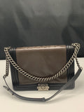 Chanel Boy Reverso Large Taupe Brown/Black Lambskin with Fabric Lining and Ruthenium Hardware Shoulder Bag - Dyva's Closet