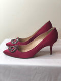 Manolo Blahnik Red Satin Pump with Red Crystals - Dyva's Closet