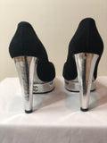Chanel Platform Heels in Black and Silver with large CC logo - Dyva's Closet