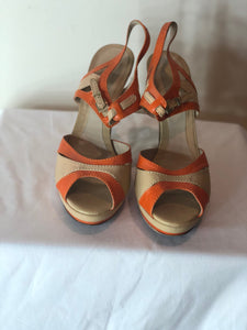Fendi F Logo Heels in Beige and Orange - Dyva's Closet