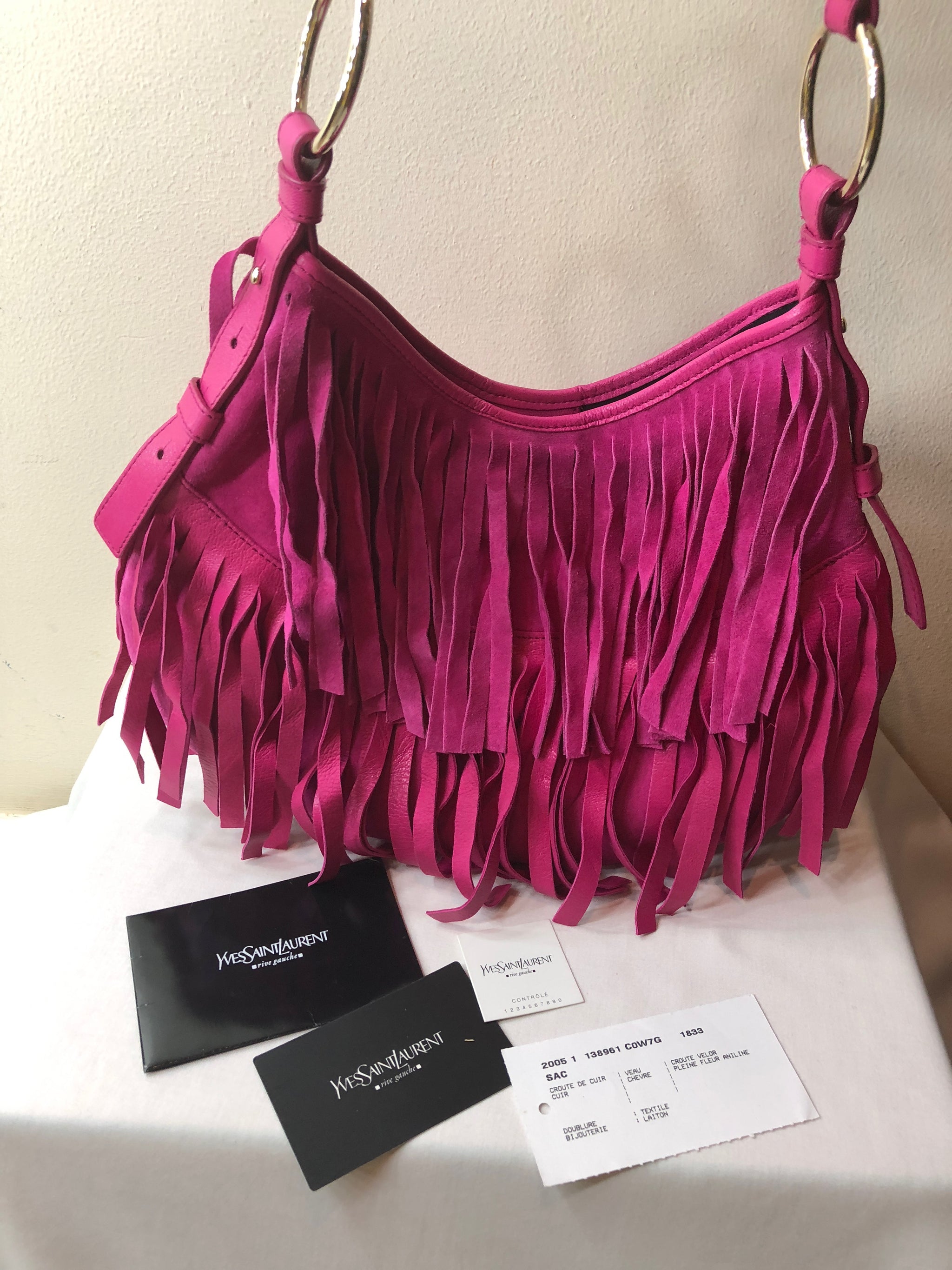 Yves Saint Laurent Hot Pink Leather and Suede Boheme Fringe Bag 