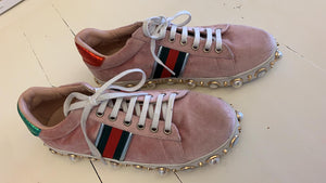Gucci Women's Pink New Ace Faux-pearl Embellished Velvet Sneakers - Dyva's Closet