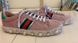 Gucci Women's Pink New Ace Faux-pearl Embellished Velvet Sneakers - Dyva's Closet