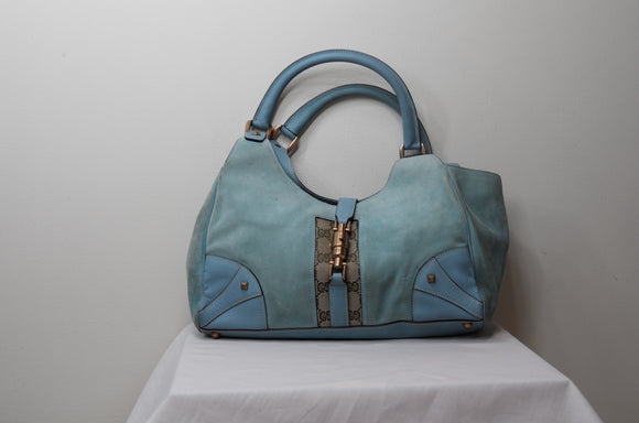 Gucci Turquoise GC Canvas and Suede Jackie O Hobo - Dyva's Closet