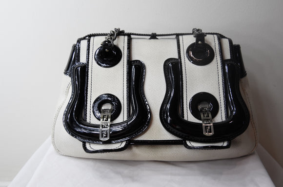 Fendi B Bag in White Fabric and Black Patent Leather - Dyva's Closet