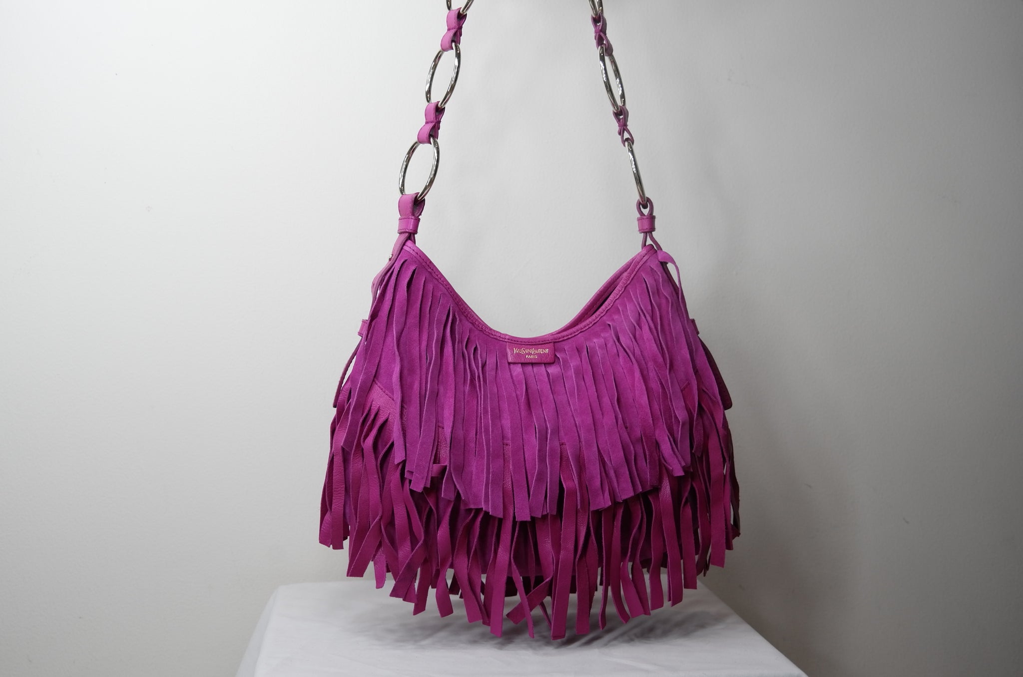 Yves Saint Laurent Hot Pink Leather and Suede Boheme Fringe Bag – Dyva's  Closet