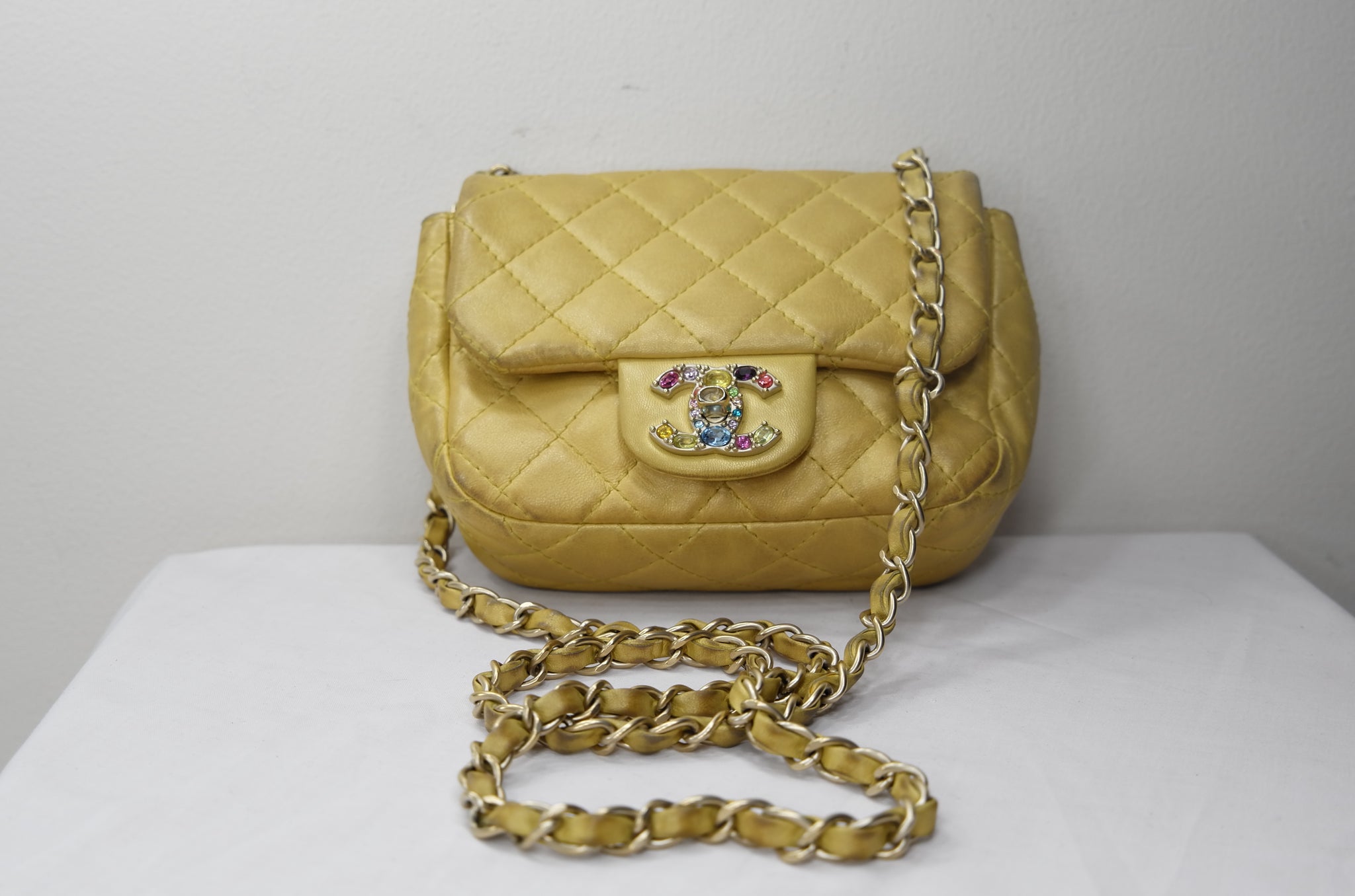 Chanel Leather Mini Yellow Double Flap Bag with Rhinestone