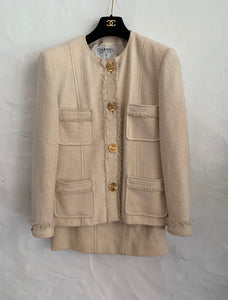 Chanel cream suit with large gold clover buttons - Dyva's Closet