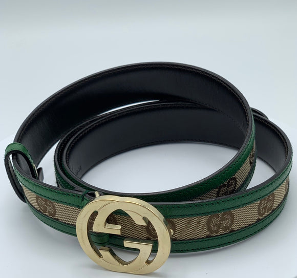 Gucci belt with large Gucci logo in green leather and monogram canvas - Dyva's Closet
